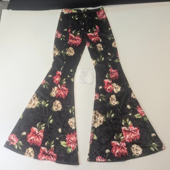 Hershe Boutique Size Small Crushed Velvet Flare Legged Pants Navy Floral - Picture 3 of 11